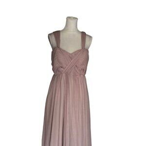 Birdy Grey Champagne Beige Nude Full-Length Tulle Gown Pleated Bodice XL